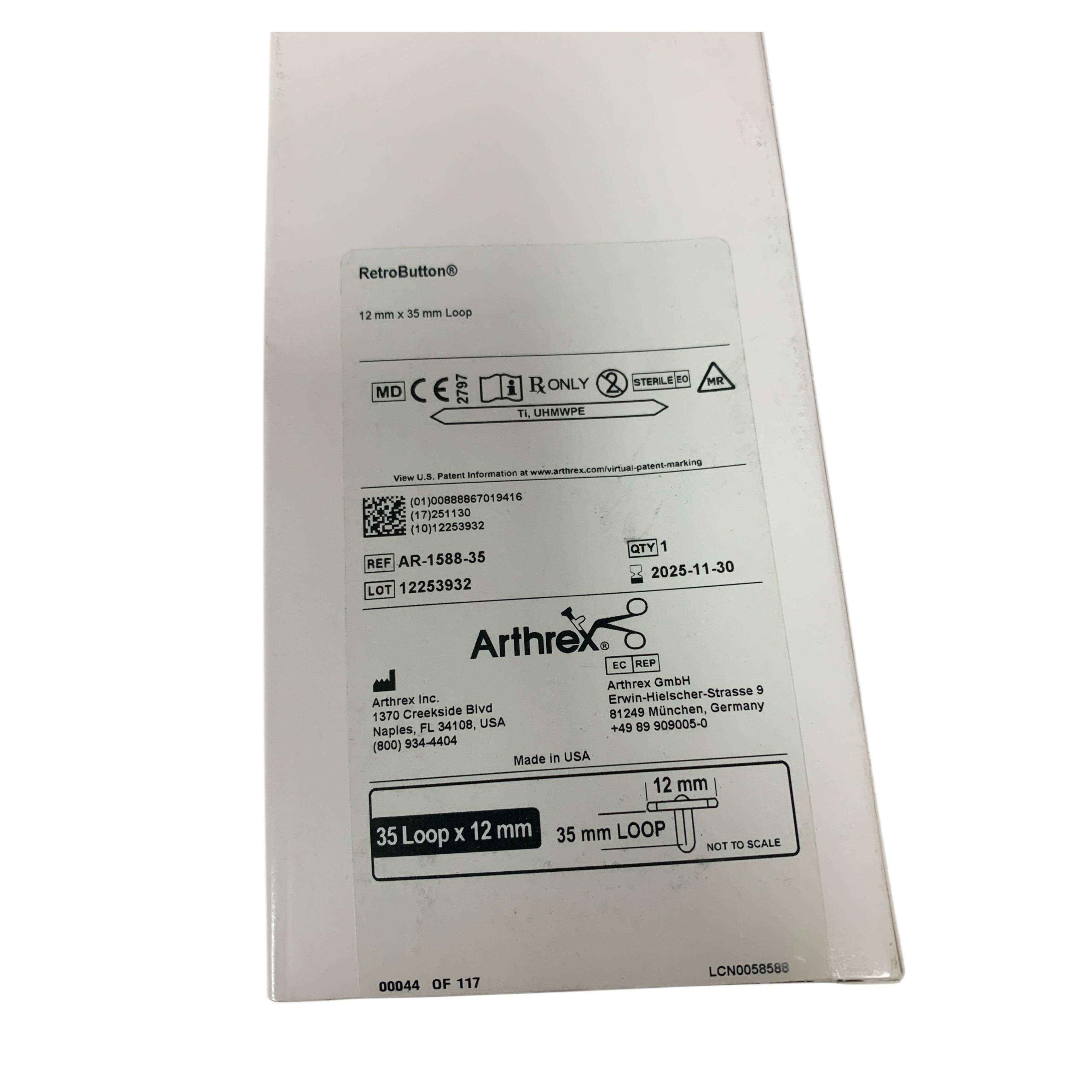 ARTHREX REF AR-1588-35 RetroButton 12mm x 35mm Loop Titanium UHMWPE, Exp.2025/11