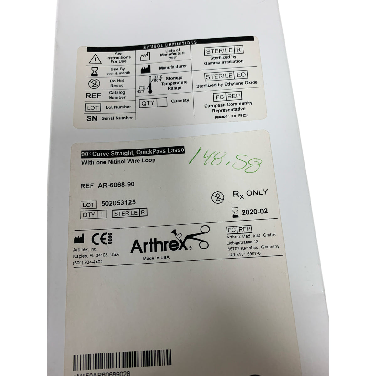 ARTHREX AR-6068-90 90° Curve Straight QuickPass Lasso With One Nitinol Wire Loop Exp 2020 02