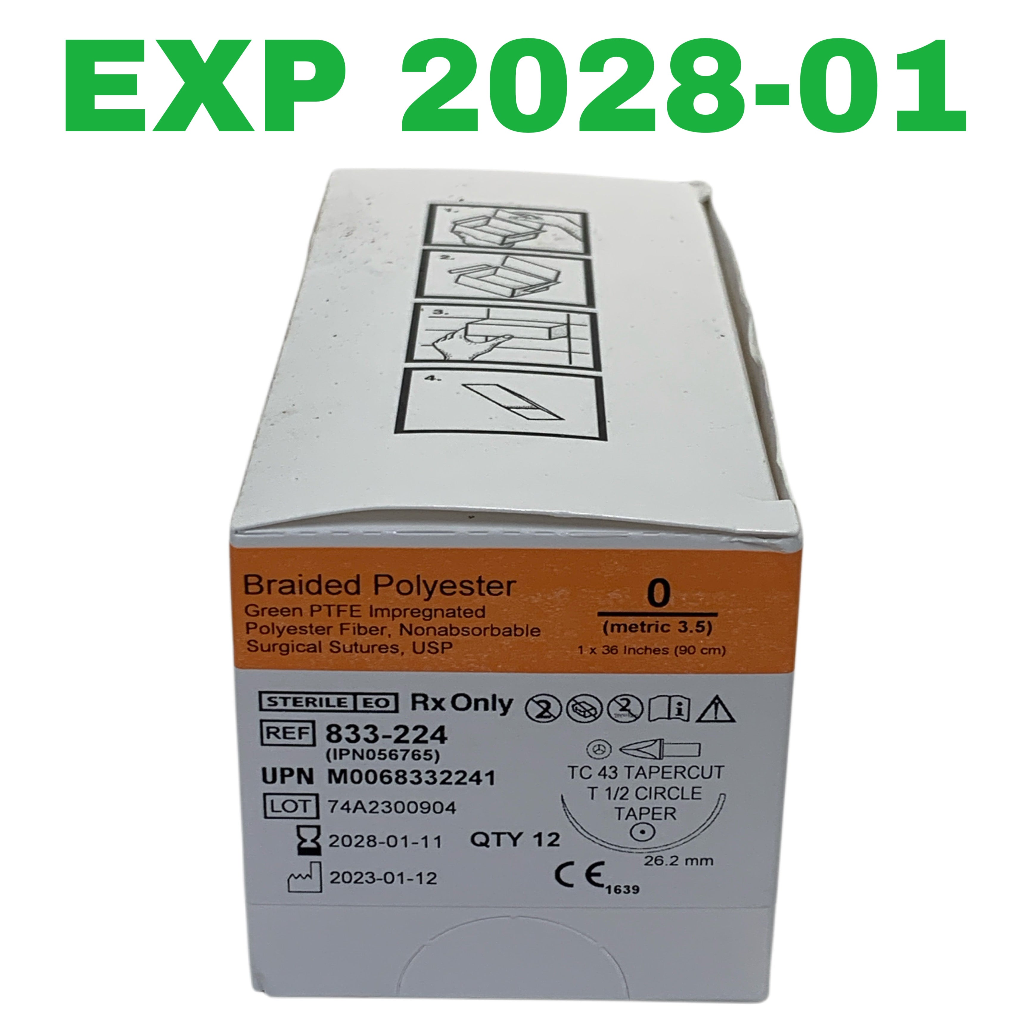 TELEFLEX REF 833-224 Braided Polyester Green PTFE Impregnated Surgical Sutures Size 0 Box of 12, Exp.2028/01