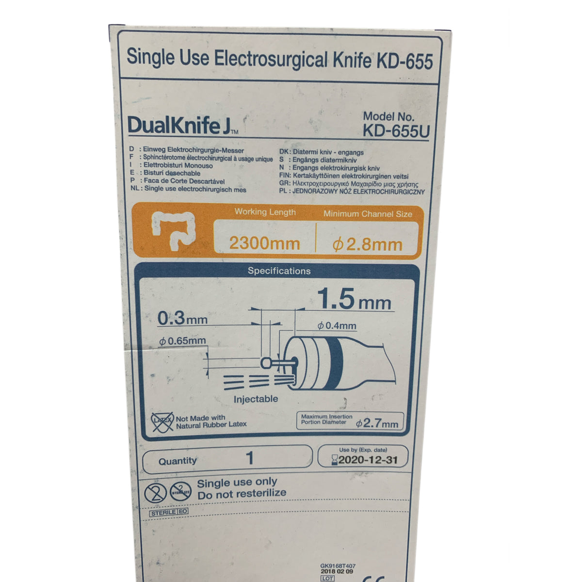 OLYMPUS KD-655U DualKnife J Single Use Electrosurgical Knife 2300mm Minimum Channel Size 2.8mm Insertion Portion Diameter 2.7mm Exp 2020 12