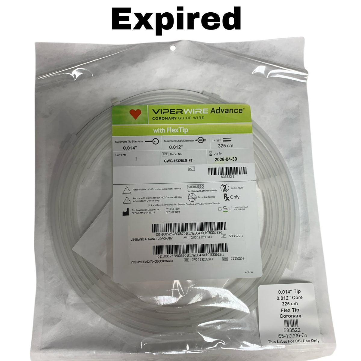 CSI GWC-12325LG-FT ViperWire Advance Coronary Guide Wire FlexTip 0.014in 325cm EXP 2026 04