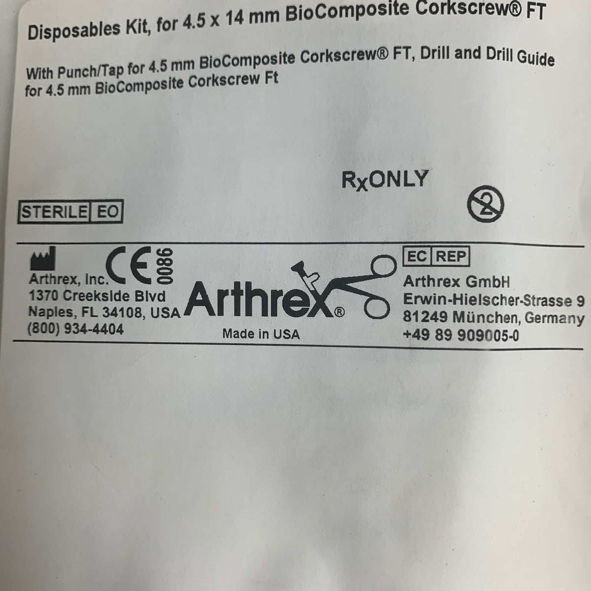 ARTHREX AR-8927DSC Disposables Kit for 4.5x14mm BioComposite Corkscrew FT EXP 2019 12