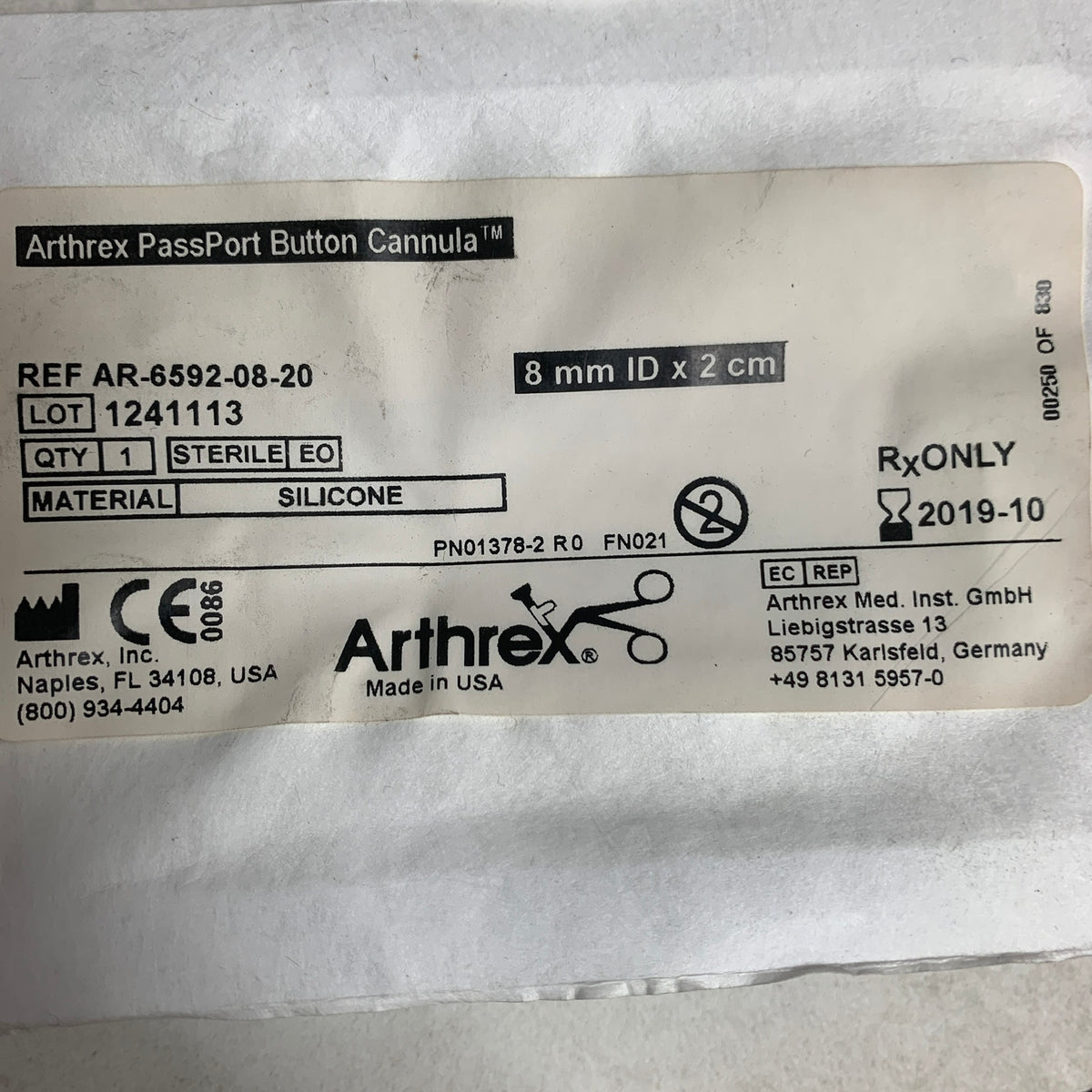 ARTHREX AR-6592-08-20 Arthrex PassPort Button Cannula 8 mm ID x 2 cm, EXP 2019-10