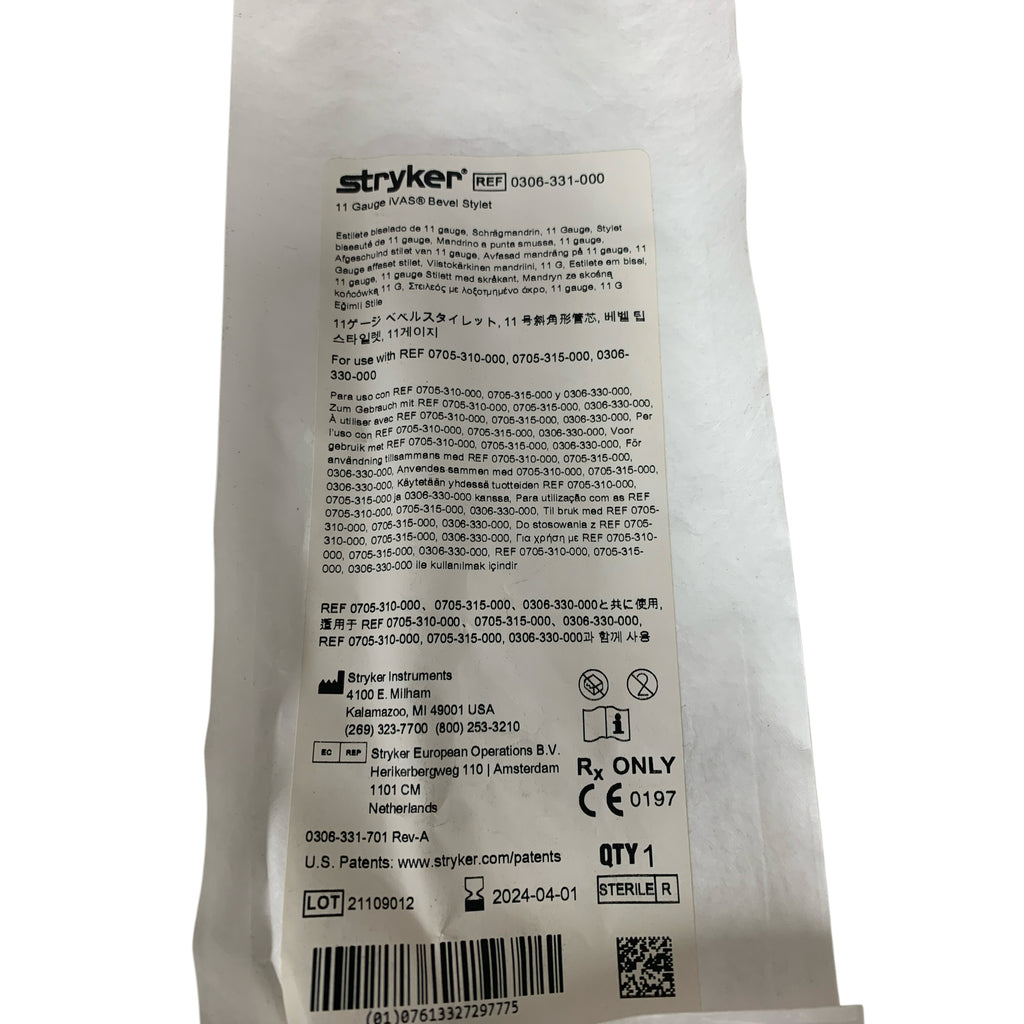 STRYKER 0306-331-000 11 Gauge iVAS Bevel Stylet For use with REF 0705-310-000, 0705-315-000, 0306- 330-000 Exp 2024 04