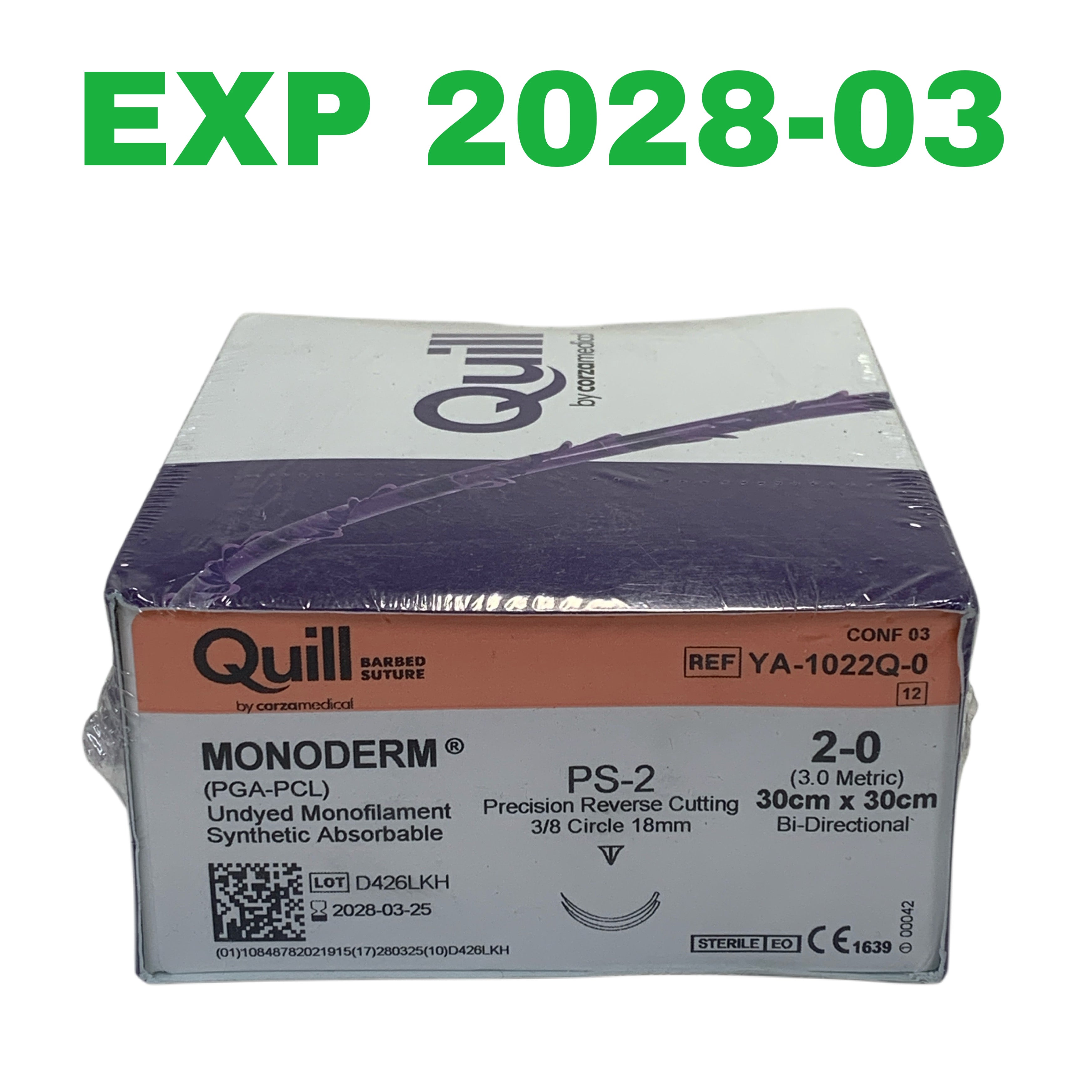 QUILL REF YA-1022Q-0 Monoderm 2-0 Suture PS-2 30cm x 30cm Box of 12(Corza Medical), Exp.2028/03