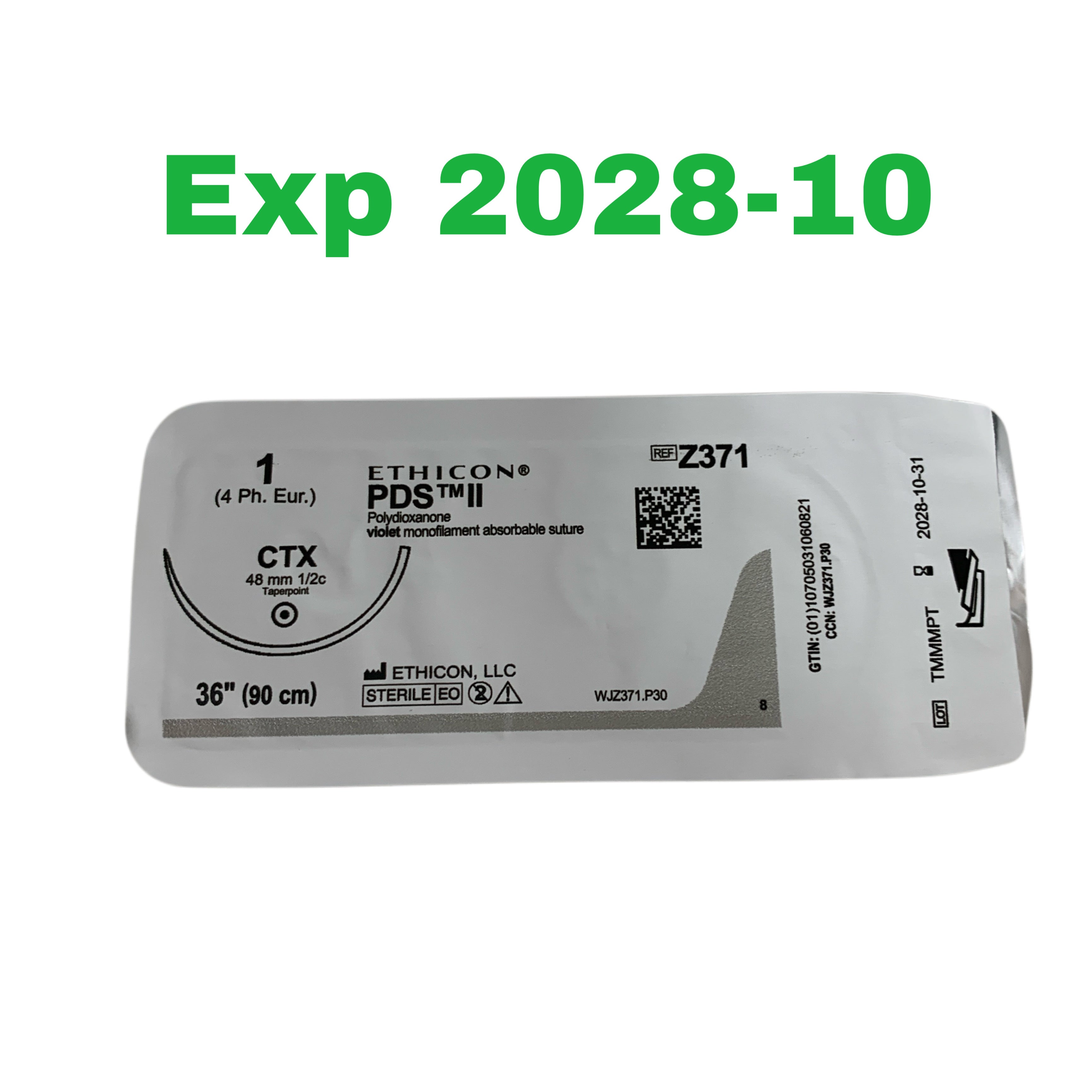ETHICON REF Z371T PDS II Violet Monofilament Absorbable Suture Size 1 CTX Needle 36" (90 cm), Exp.2028/10