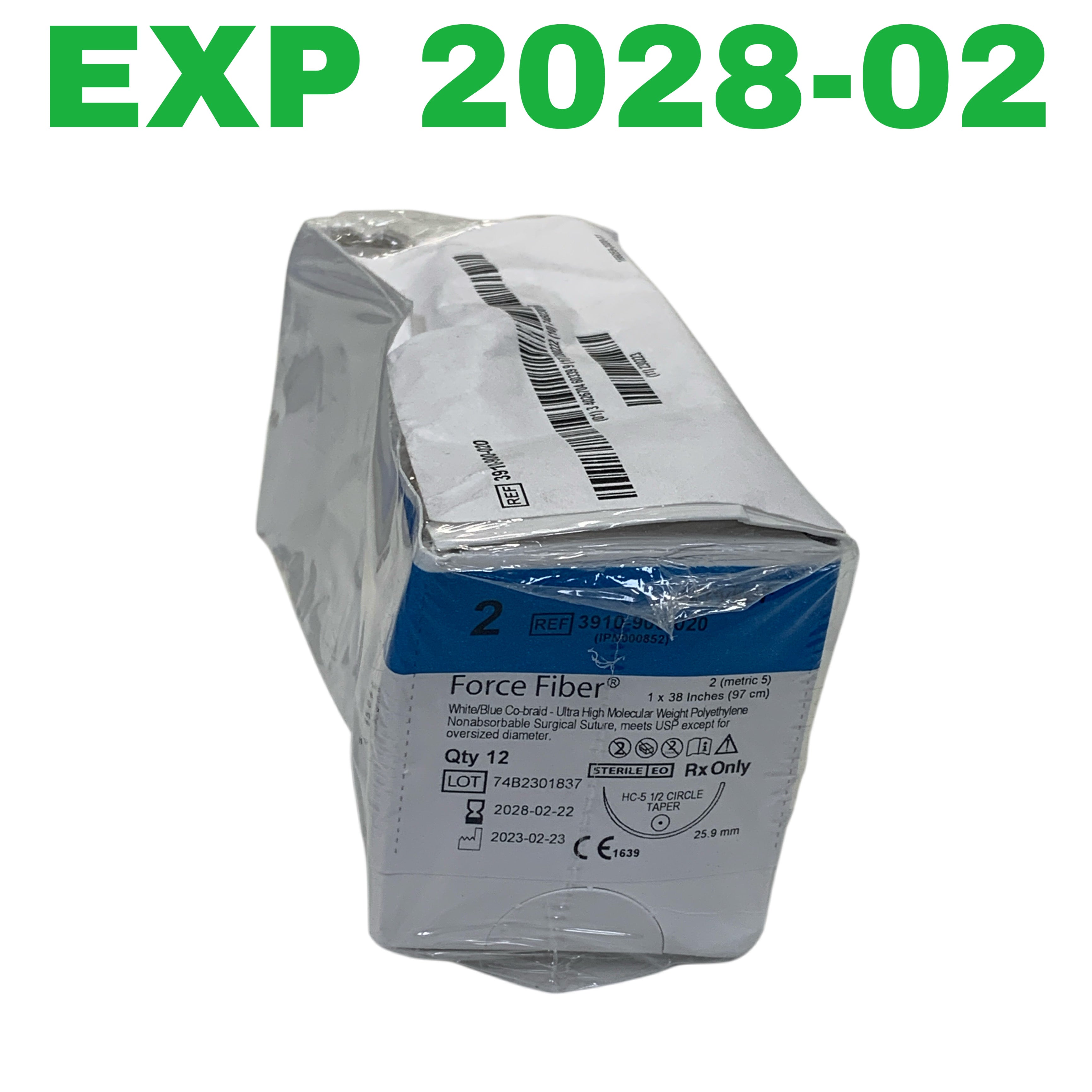 STRYKER REF 3910-900-020 Force Fiber Nonabsorbable Surgical Suture Size 2 HC-5 1/2 Circle Taper Qty 12, EXP 2028/02