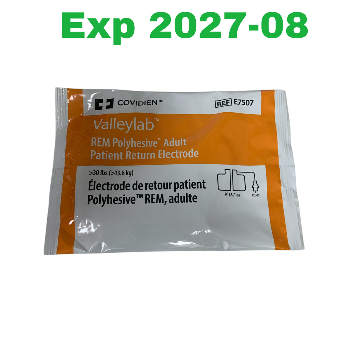 COVIDIEN E7507 Valleylab REM Polyhesive Adult Patient Return Electrode 9 ft Exp 2027 08