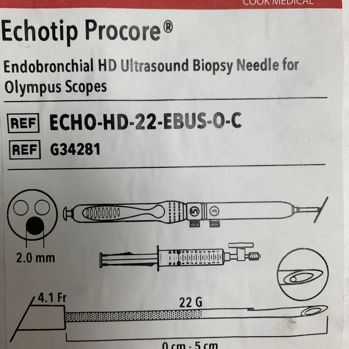 COOK MEDICAL G34281 Echotip ProCore Endobronchial HD Ultrasound Biopsy Needle 22 G 4.1 Fr 2.0 mm EXP 2026 09