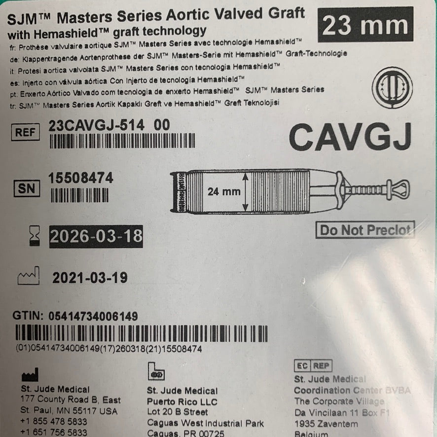 ST JUDE MEDICAL 23CAVGJ-514 00 SJM Masters Series Aortic Valved Graft 23mm EXP 2026 03