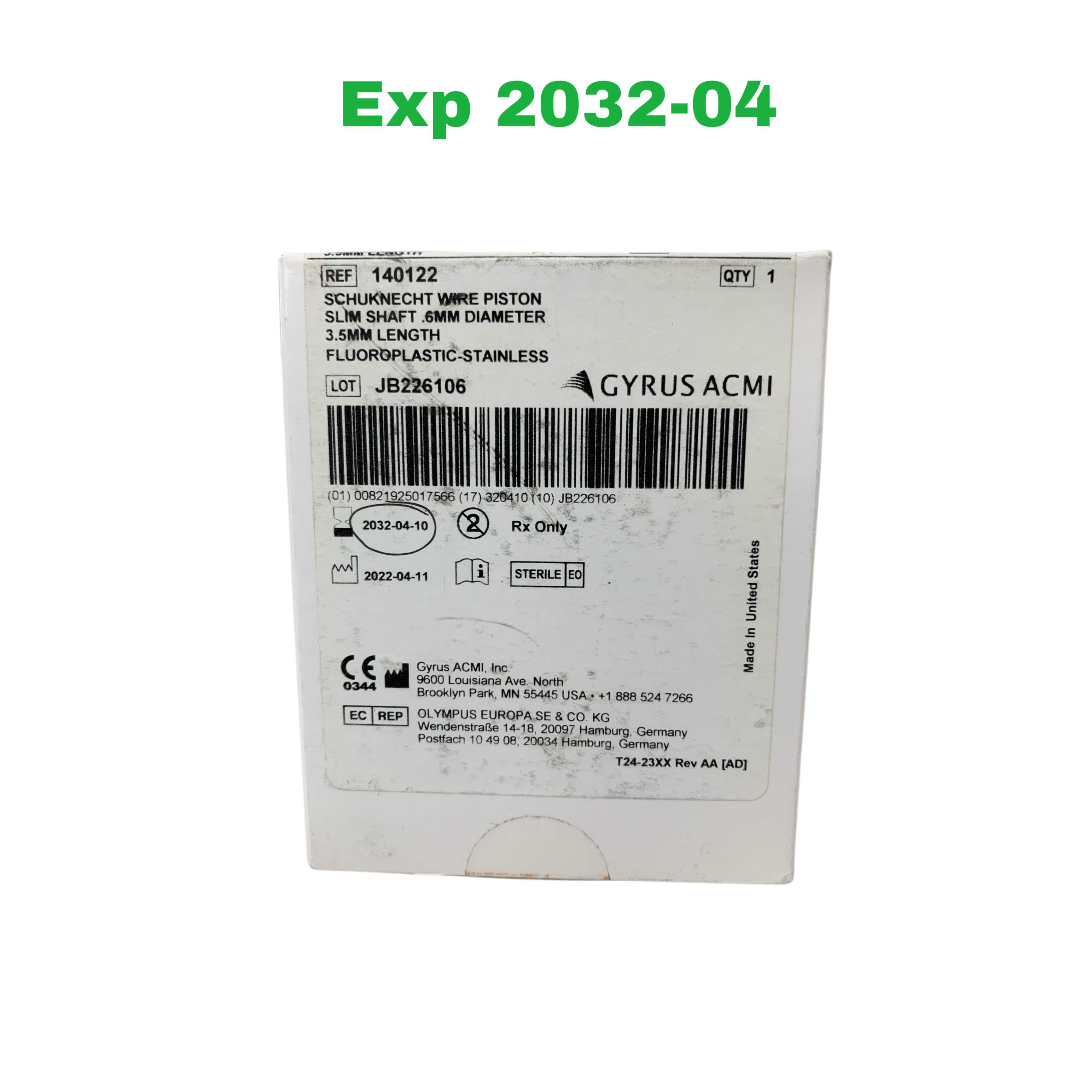 GYRUS ACMI REF 140122 Schuknecht Wire Piston Slim Shaft .6MM Diameter 3.5MM Length Fluoroplastic-Stainless, Exp.2032/04
