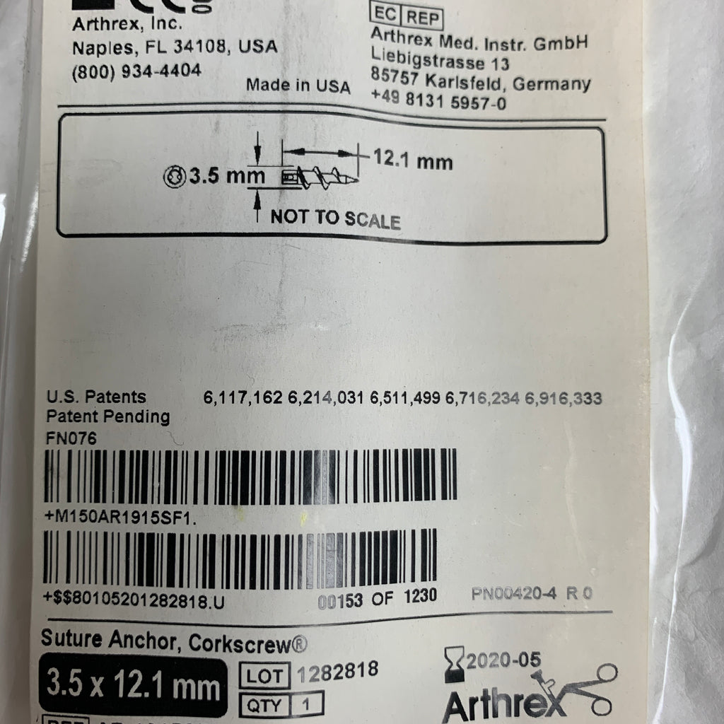 ARTHREX AR-1915SF Corkscrew Suture Anchor 3.5 x 12.1mm, EXP 2020-05