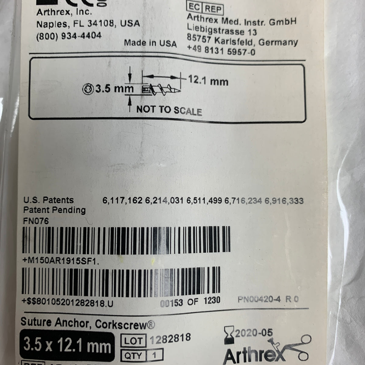 ARTHREX AR-1915SF Corkscrew Suture Anchor 3.5 x 12.1mm, EXP 2020-05