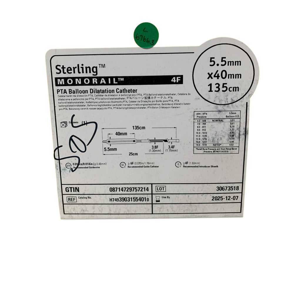 BOSTON SCIENTIFIC REF H74939031554010 Sterling Monorail 4F PTA Balloon Dilatation Catheter 5.5mm x 40mm 135cm, Exp.2025/12