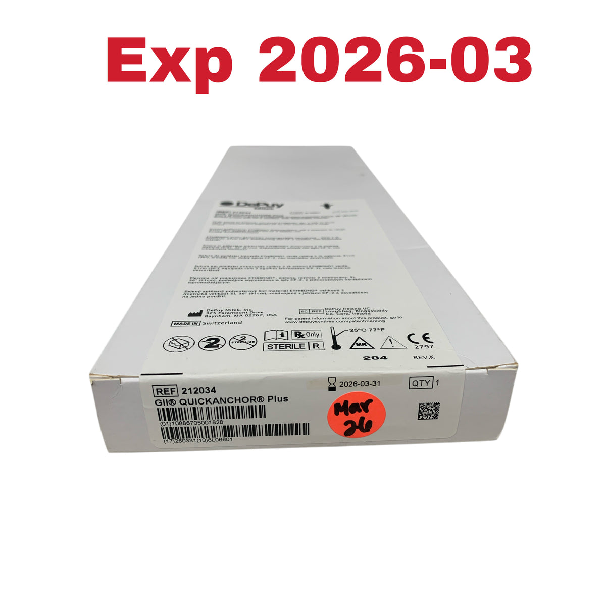 DEPUY MITEK 212034 GII Quickanchor Plus Size 2 Green Ethibond Suture 36" Exp 2026 03