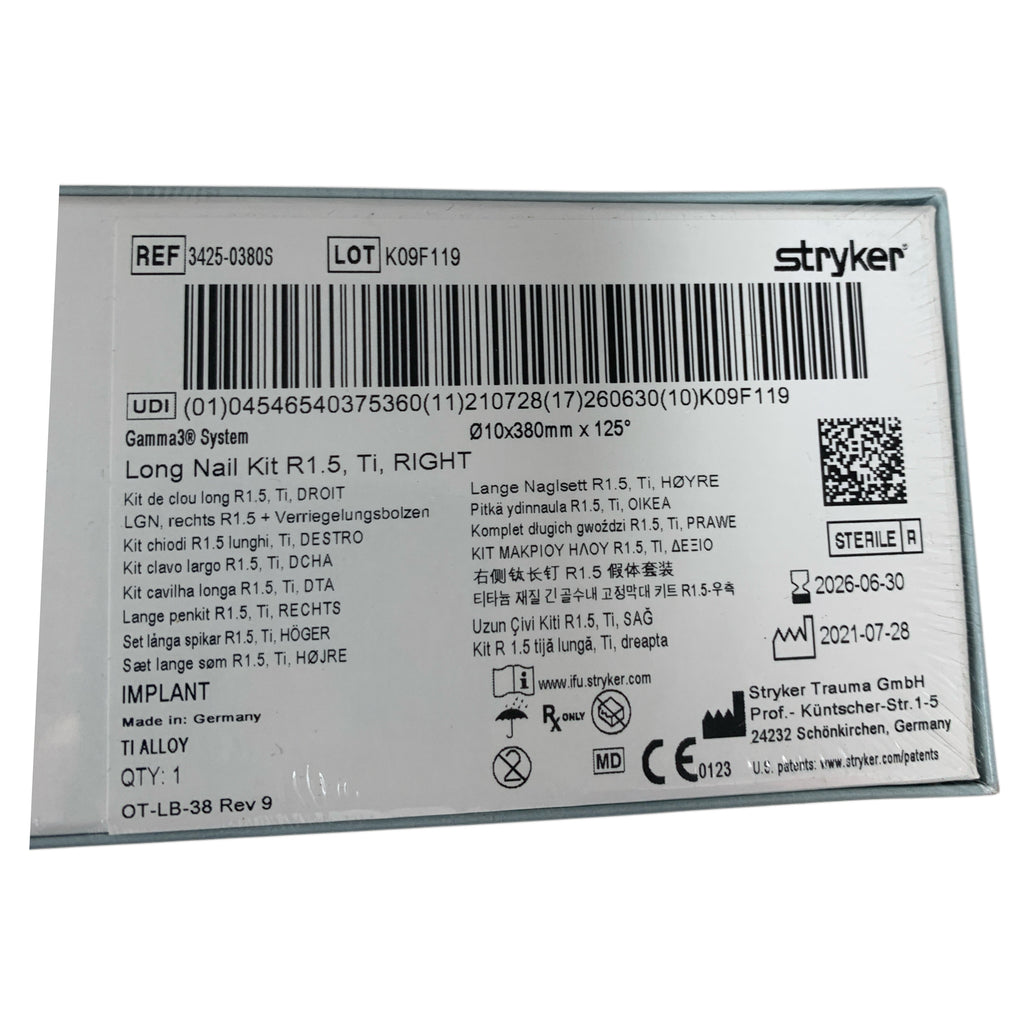 STRYKER 3425-0380S Gamma3 System Long Nail Kit R1.5 Ti RIGHT 10x380mm x 125 Exp 2026 06