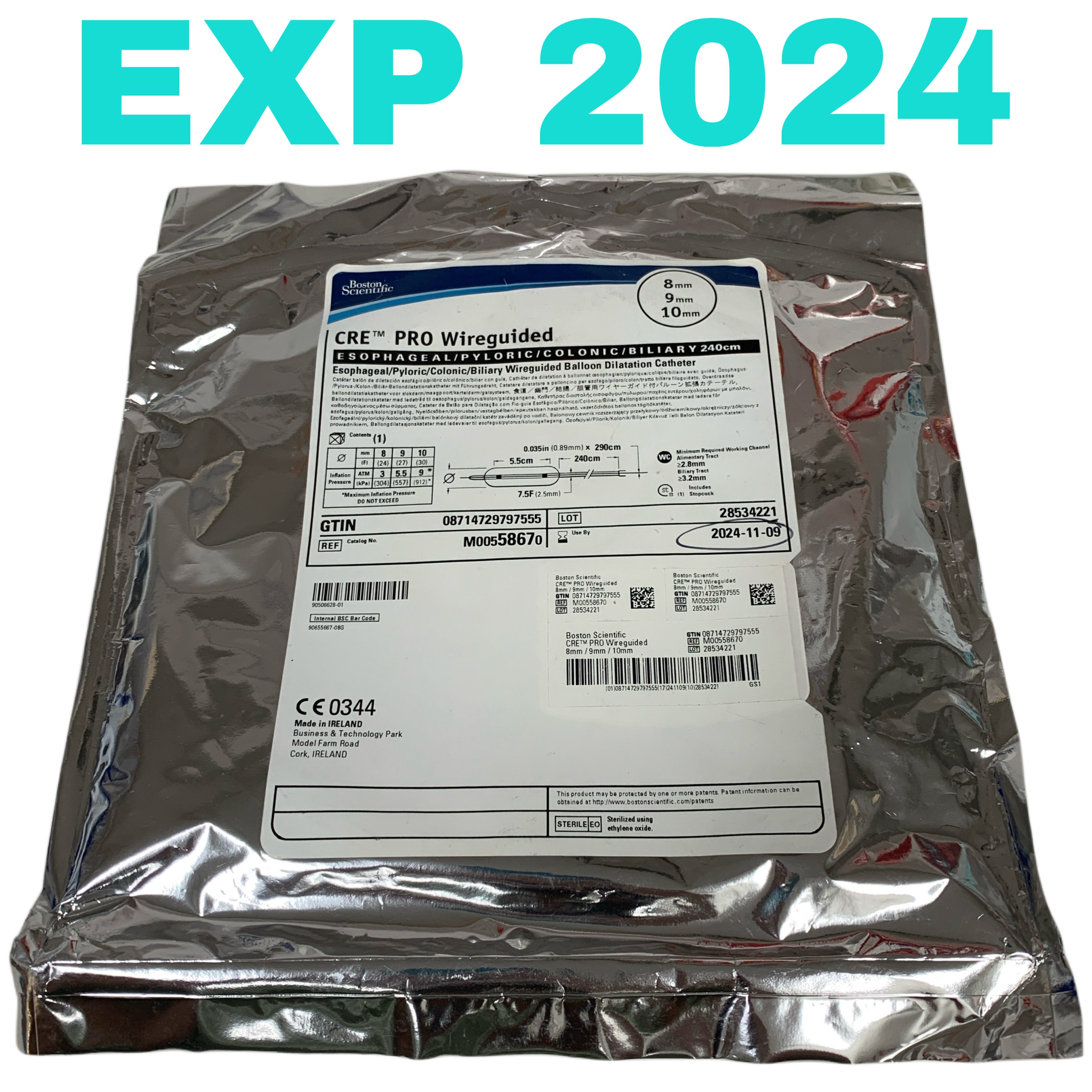 BOSTON SCIENTIFIC REF M00558670 CRE PRO Wireguided Esophageal Pyloric Colonic Biliary Balloon Dilatation Catheter 8mm-9mm-10mm x 240cm Exp.2024/11