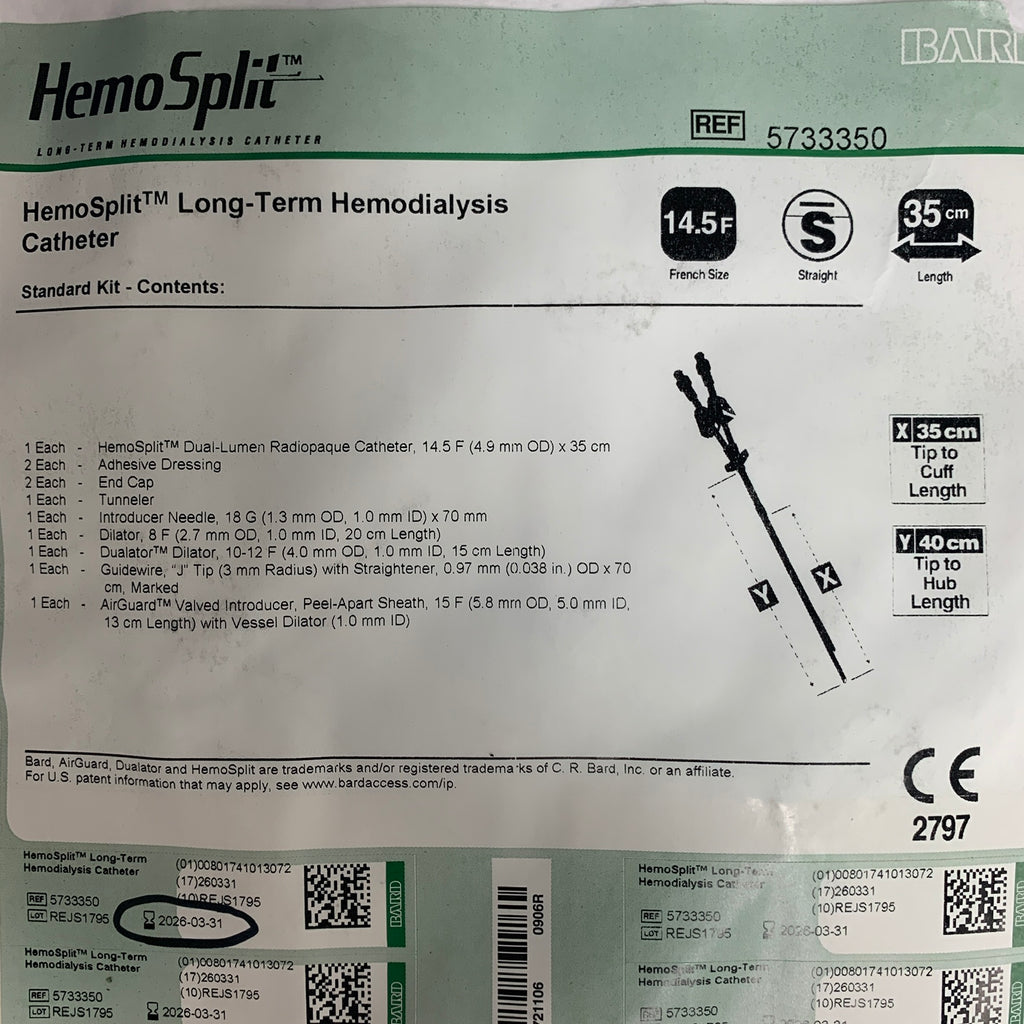 BARD 5733350 HemoSplit Long Term Hemodialysis Catheter 14.5 F x 35 cm EXP 2026 03