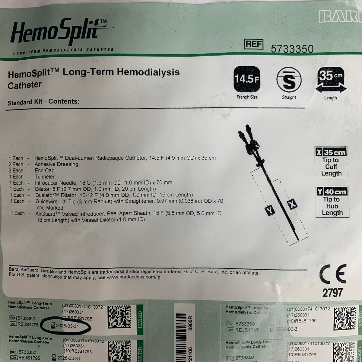 BARD 5733350 HemoSplit Long Term Hemodialysis Catheter 14.5 F x 35 cm EXP 2026 03