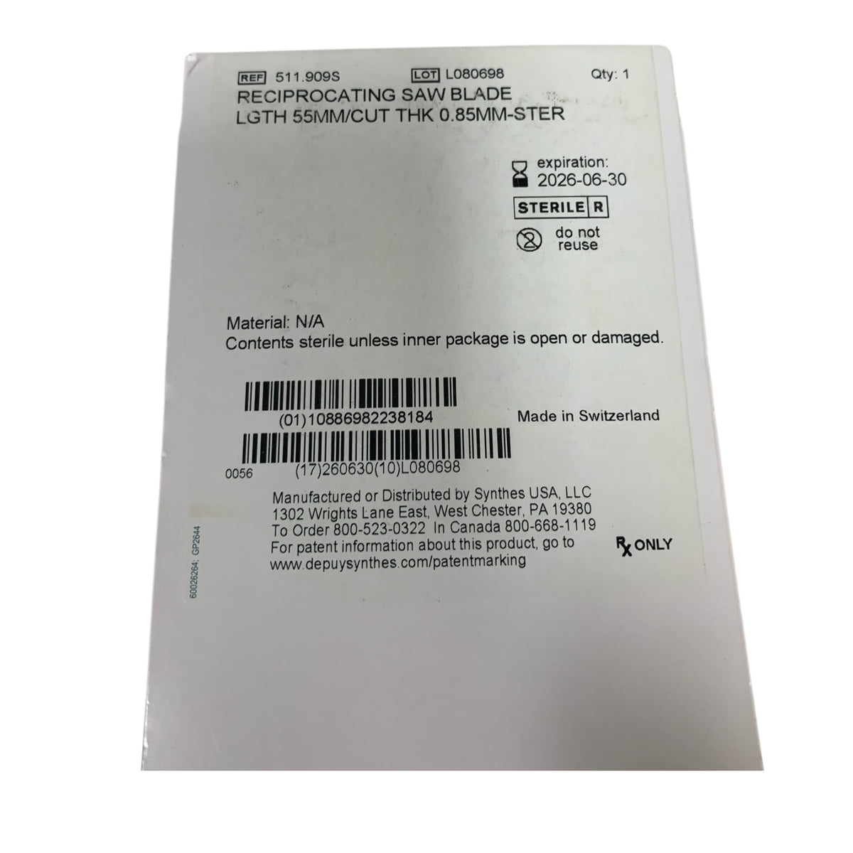 DEPUY SYNTHES 511.909S Reciprocating Saw Blade 55mm 0.85mm Ster Exp 2026 06