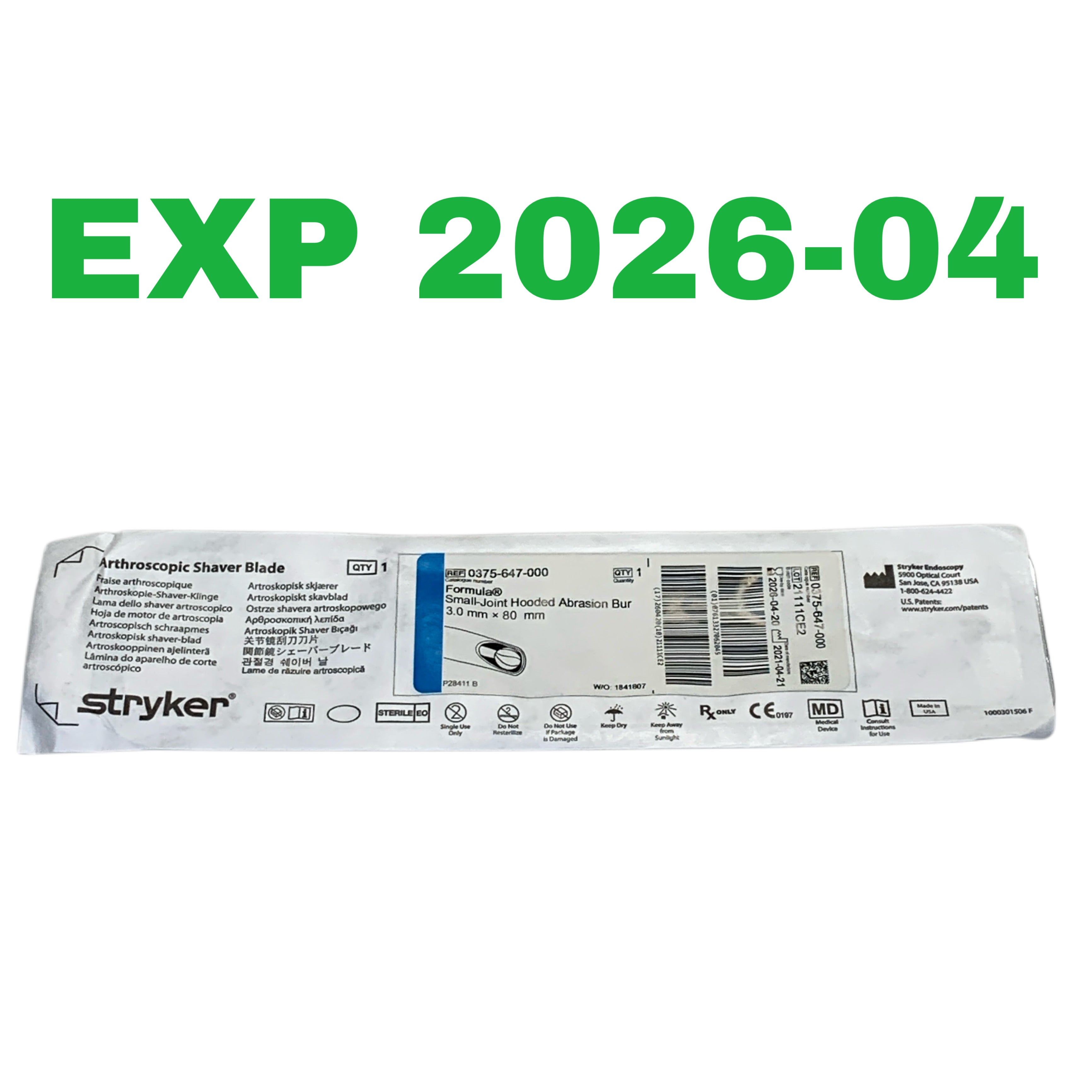 STRYKER REF 0375-647-000 Arthroscopic Shaver Blade Formula Small-Joint Hooded Abrasion Bur 3.0 mm × 80 mm, Exp.2026/04