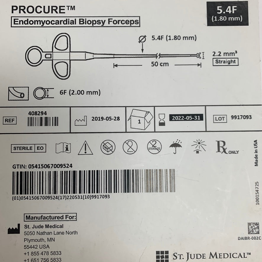 ST JUDE MEDICAL 408294 PROCURE Endomyocardial Biopsy Forceps 5.4F 1.80 mm 50 cm EXP 2022 05