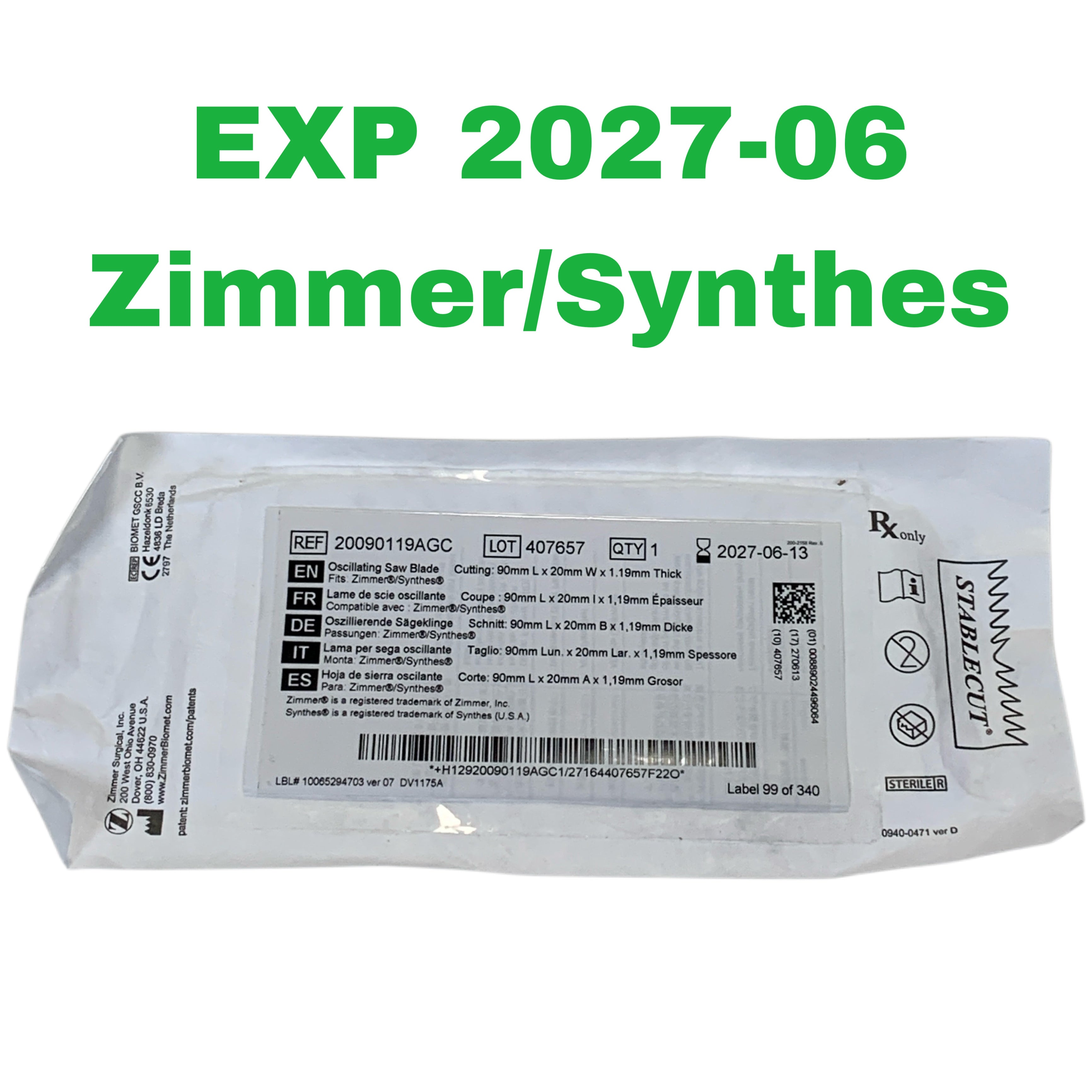 ZIMMER /SYNTHES REF 20090119AGC Stablecut Oscillating Saw Blade 90mm x 20mm x 1.19mm, EXP.2027/06