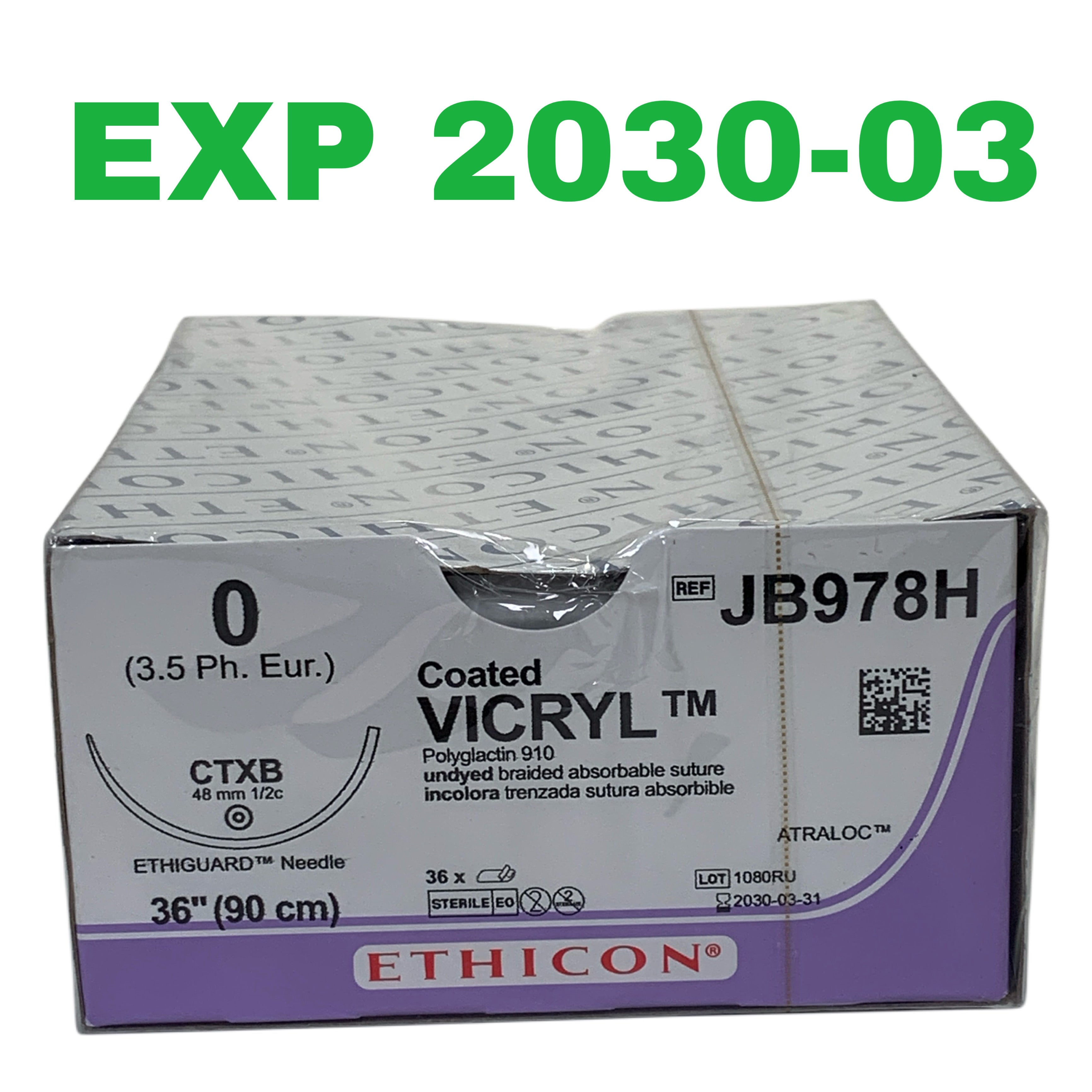 ETHICON REF JB978H Coated VICRYL Polyglactin 910 Suture, Size 0, CTXB Needle, 36" (90 cm), Box of 36, Exp.2030/03