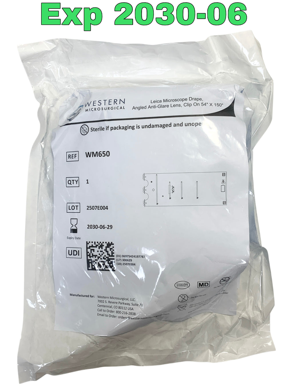 WESTERN MICROSURGICAL REF WM650 Leica Microscope Drape, Angled Anti-Glare Lens, Clip On 54" x 150", Exp.2030/06