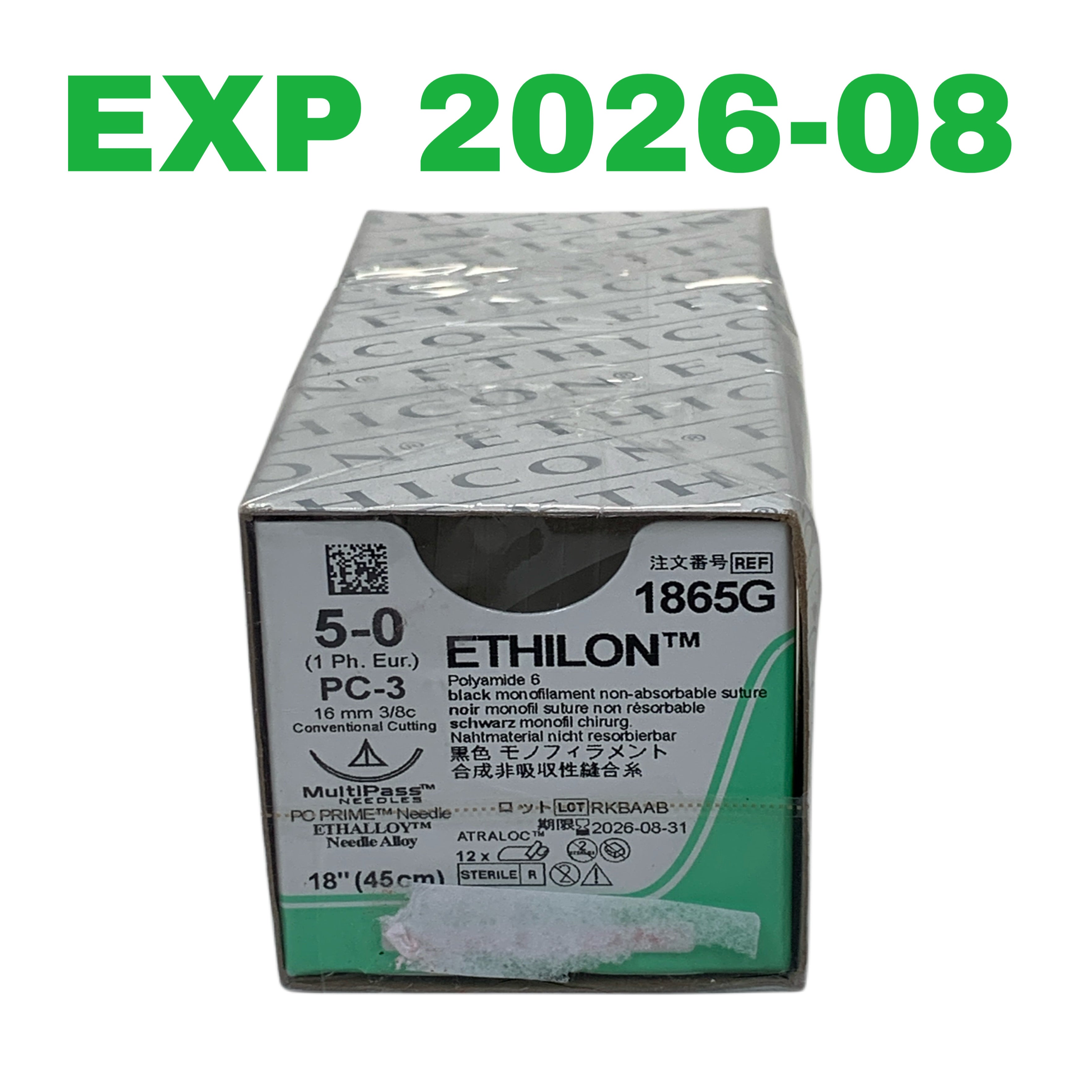 ETHICON REF 1865G Ethilon 5-0 PC-3 Conventional Cutting 16mm 18" Non-Absorbable Suture Box of 12, Exp.2026/08