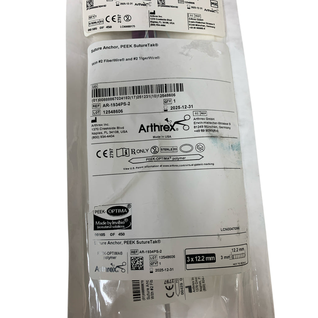 ARTHREX REF AR-1934PS-2 Suture Anchor PEEK SutureTak 3 x 12.2mm with #2 FiberWire and #2 TigerWire Exp.2025/12