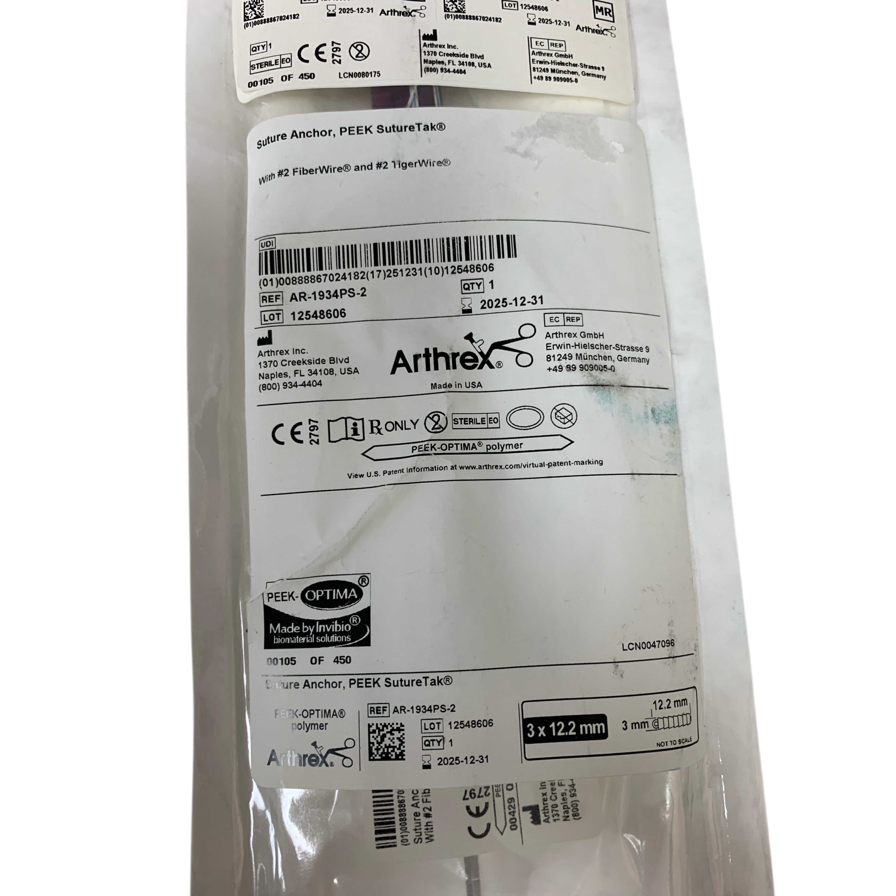 ARTHREX REF AR-1934PS-2 Suture Anchor PEEK SutureTak 3 x 12.2mm with #2 FiberWire and #2 TigerWire Exp.2025/12
