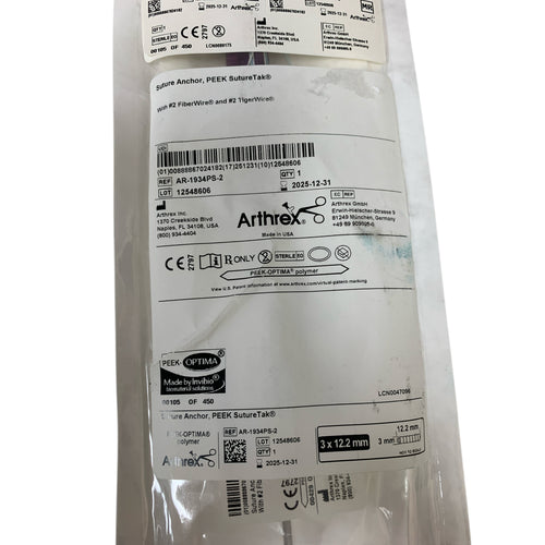 ARTHREX REF AR-1934PS-2 Suture Anchor PEEK SutureTak 3 x 12.2mm with #2 FiberWire and #2 TigerWire Exp.2025/12
