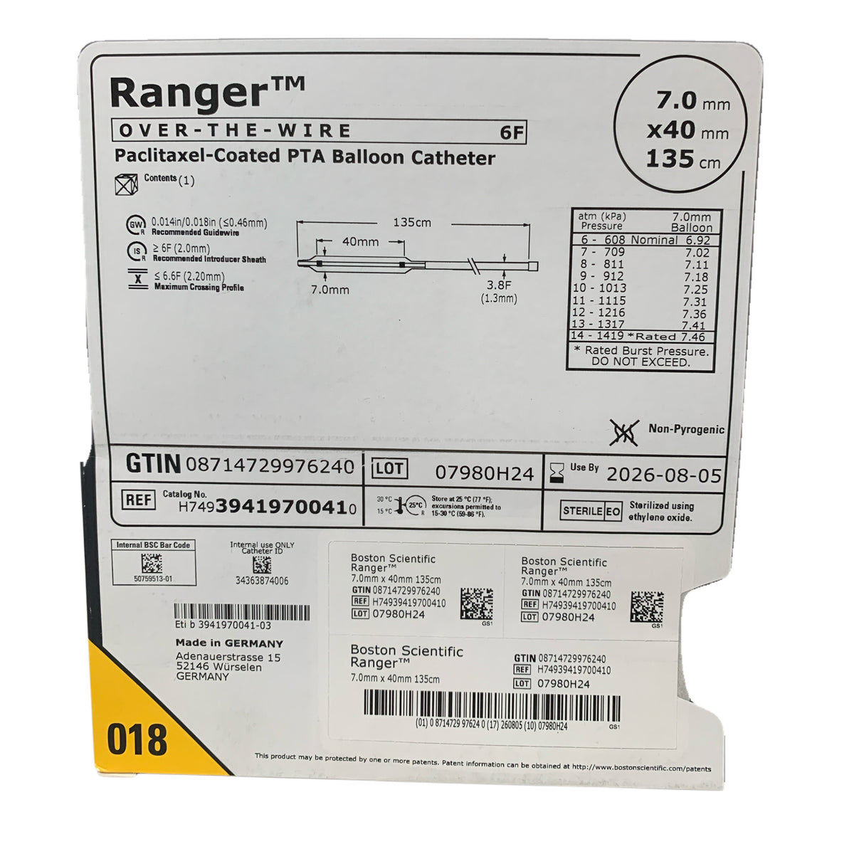 BOSTON SCIENTIFIC H74939419700410 Ranger Over-The-Wire Paclitaxel-Coated PTA Balloon Catheter 6F 7.0 mm x 40 mm 135 cm Exp 2026 08