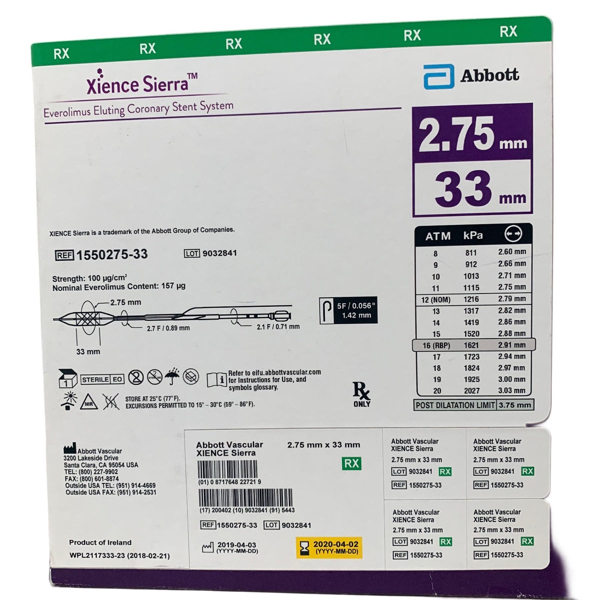 ABBOTT 1550275-33 Xience Sierra Everolimus Eluting Coronary Stent System 2.75 mm x 33 mm Exp 2020 04