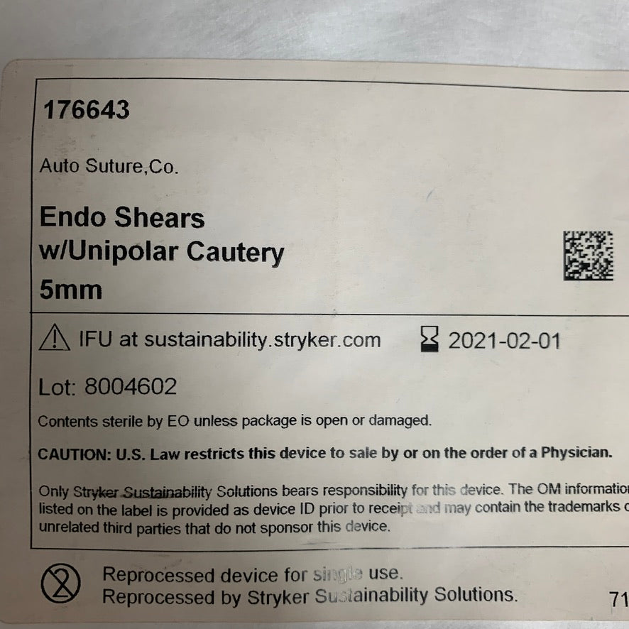 COVIDIEN 176643 Auto Suture Co Endo Shears with Unipolar Cautery 5mm (Reprocessed By Stryker) EXP 2021 02