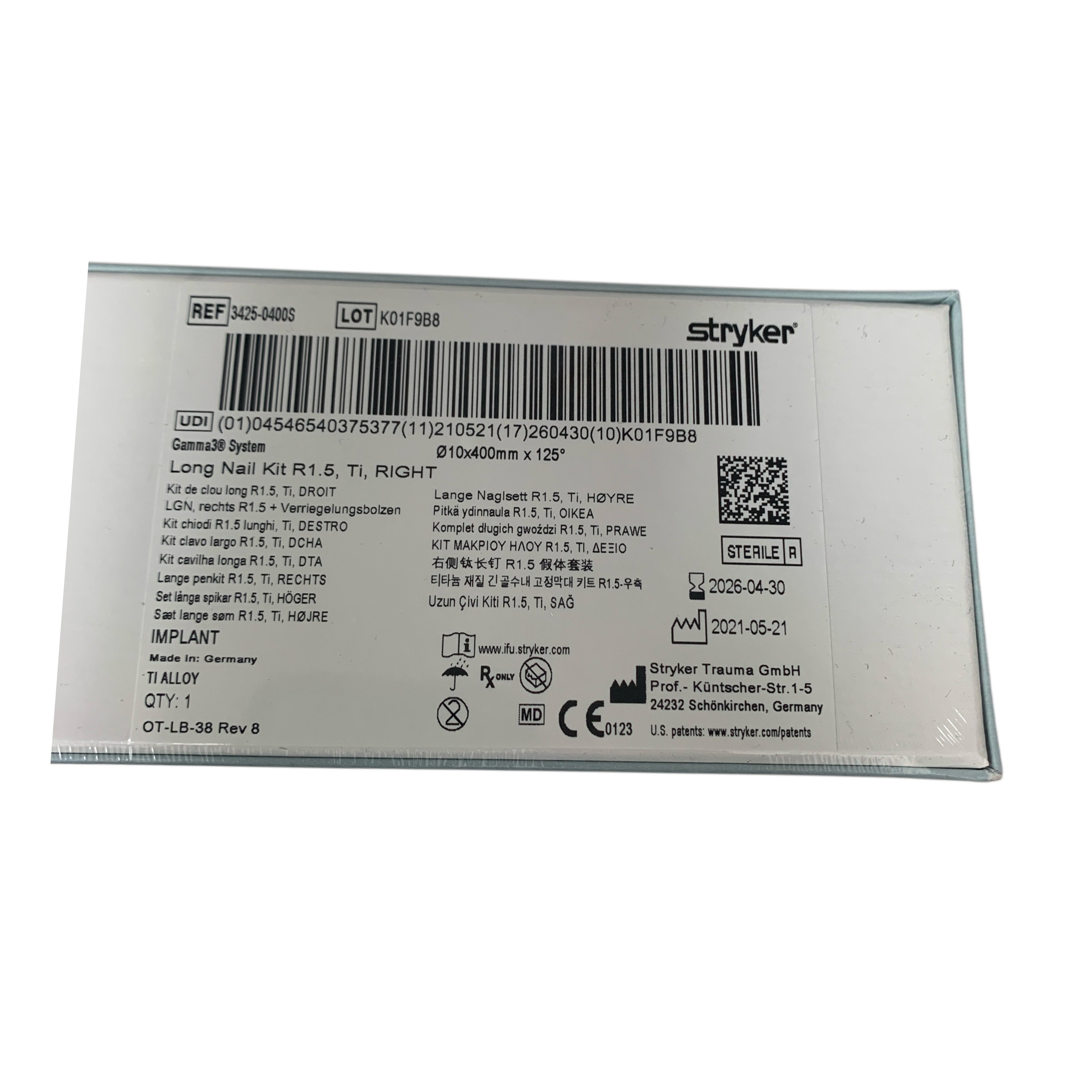 STRYKER REF 3425-0400S Gamma3 System Long Nail Kit R1.5 Ti RIGHT 10x400mm x 125 exp 2026 04
