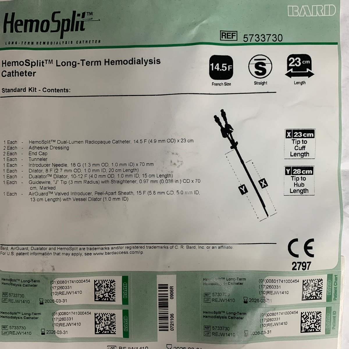 BARD 5733730 HemoSplit Long Term Hemodialysis Catheter 14.5 F x 23 cm EXP 2026 03