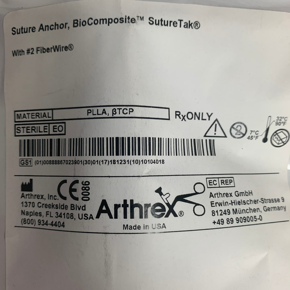 ARTHREX AR-1934BCF-24 Suture Anchor BioComposite SutureTak With 2 FiberWire 2.4 x 12 mm EXP 2018