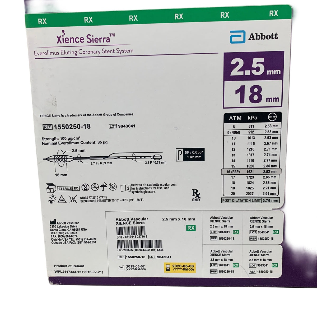 ABBOTT 1550250-18 Xience Sierra Everolimus Eluting Coronary Stent System 2.5 mm x 18 mm Exp 2020 05