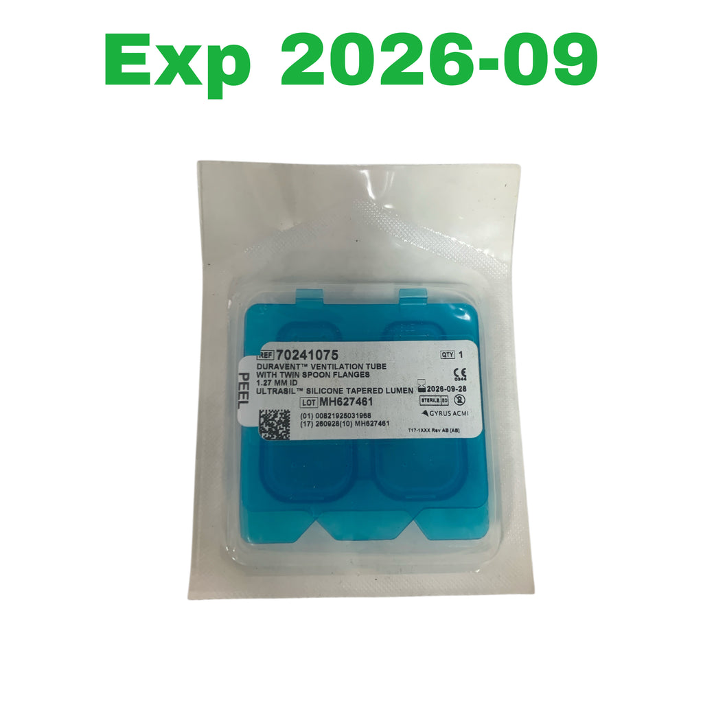 GYRUS ACMI 70241075  DuraVent Ventilation Tube with Twin Spoon Flanges Ultrasil Silicone Tapered Lumen 1.27 mm ID Exp 2026 09