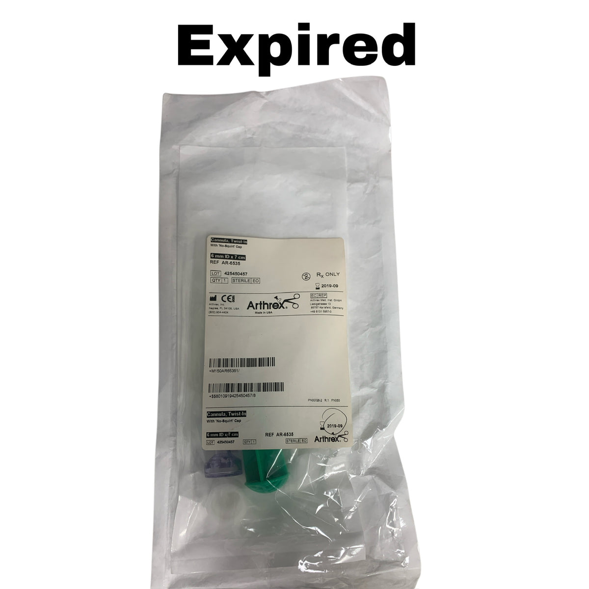 ARTHREX AR-6535 Cannula Twist In With No Squirt Cap 6 mm ID x 7 cm EXP 2019 09