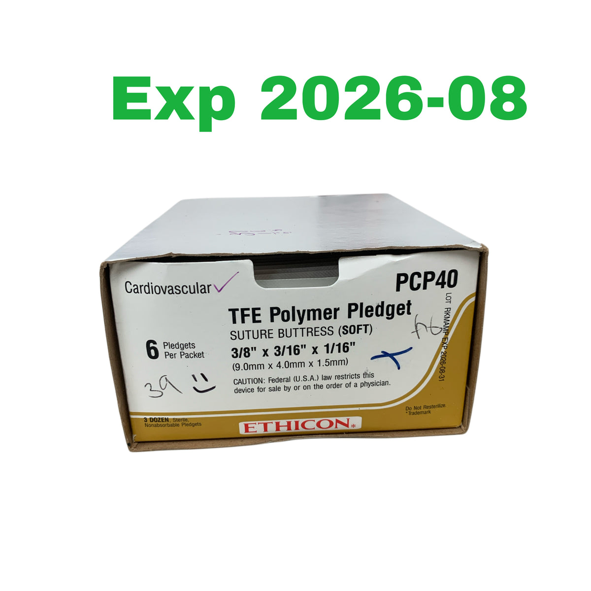 ETHICON PCP40 TFE Polymer Pledget Soft Suture Buttress 3/8in x 3/16in x 1/16in 9.0mm x 4.0mm x 1.5mm Box of 36 EXP 2026 08