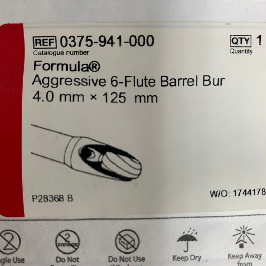STRYKER REF 0375-941-000 Formula Aggressive 6-Flute Barrel Bur 4.0 mm x 125 mm, EXPIRED