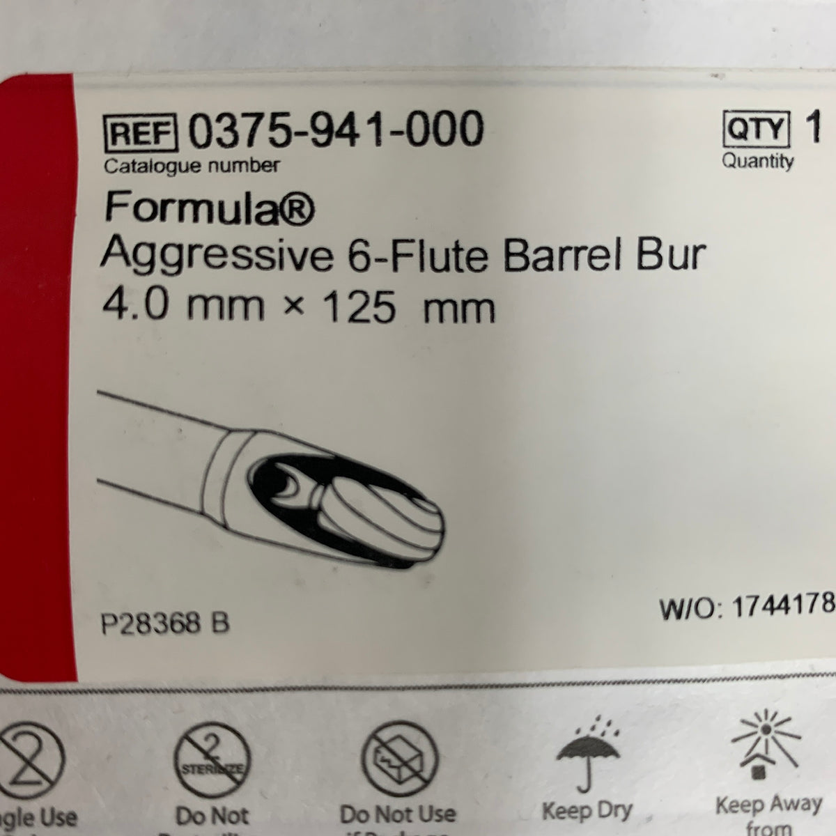 STRYKER REF 0375-941-000 Formula Aggressive 6-Flute Barrel Bur 4.0 mm x 125 mm, EXPIRED