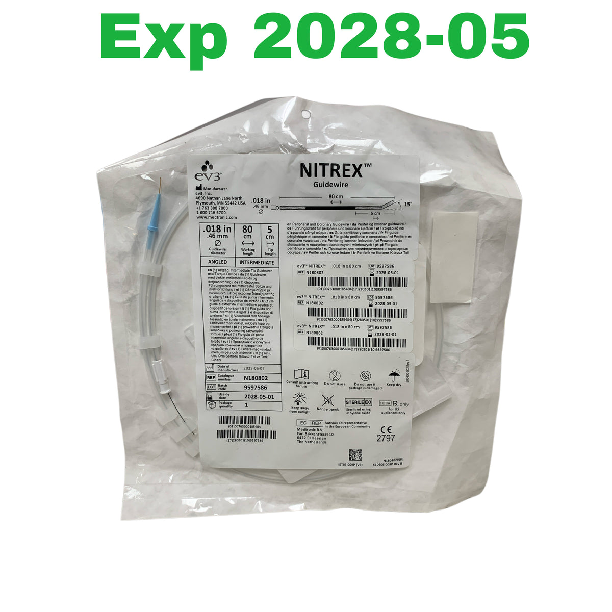 EV3 N180802 Nitrex Guidewire Angled Intermediate 0.018 in x 80 cm 5 cm Exp 2028 05