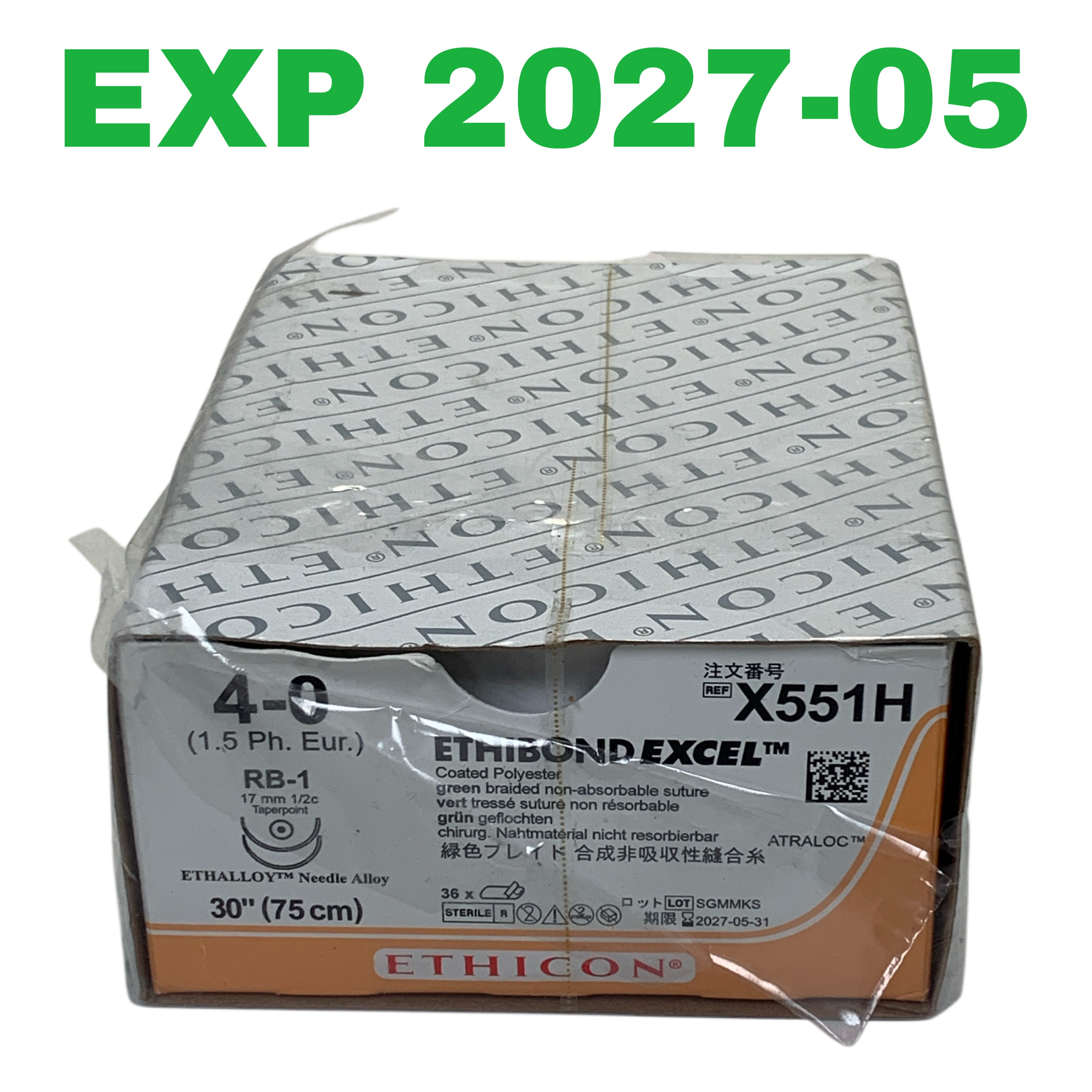 ETHICON REF X551H Ethibond Excel 4-0 Suture RB-1 Needle 30" Box of 36, Exp.2027/05