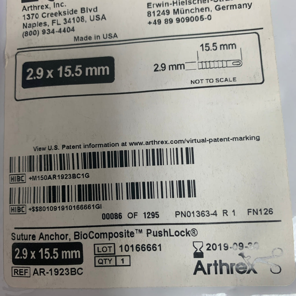 ARTHREX AR-1923BC Suture Anchor BioComposite PushLock 2.9 x 15.5 mm EXP 2019 09