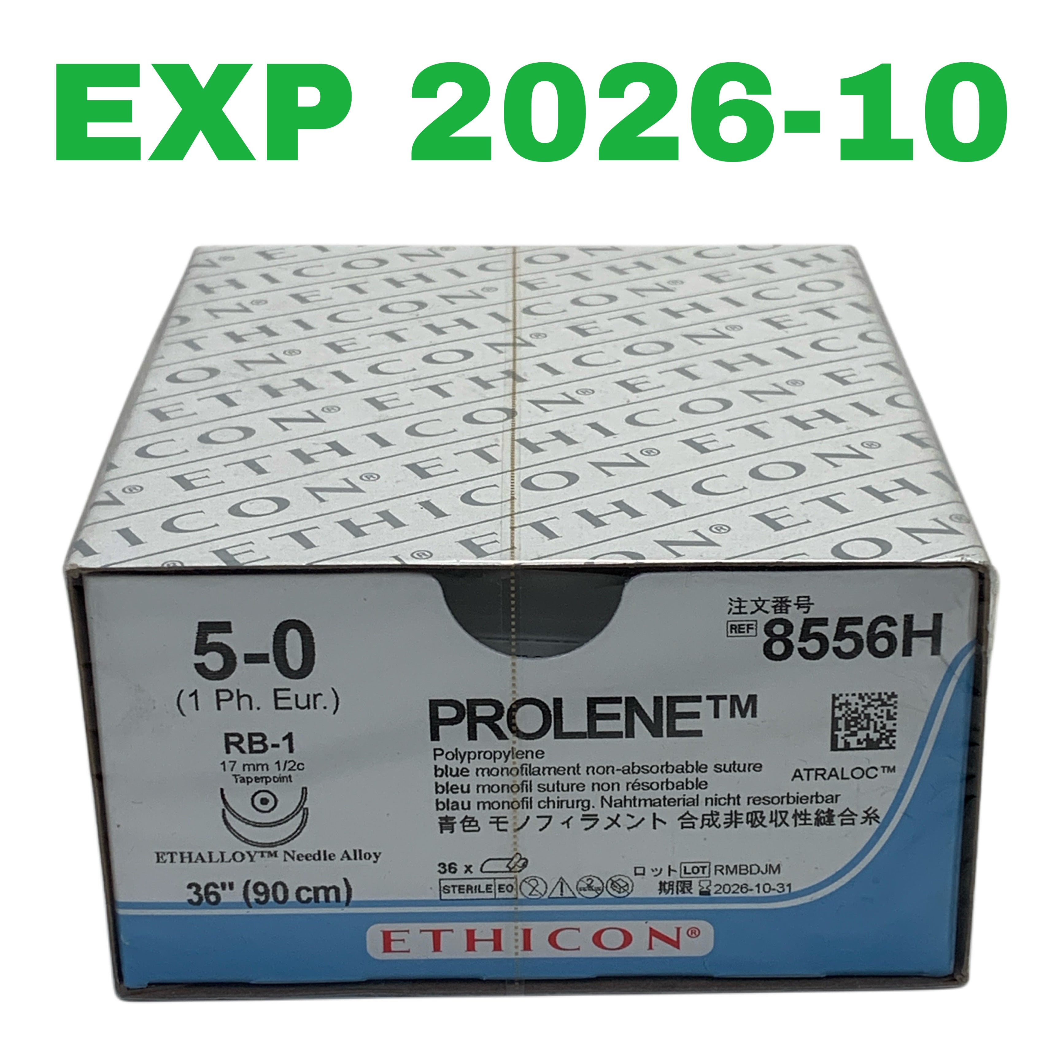 ETHICON REF 8556H Prolene 5-0 Polypropylene Suture, RB-1 Needle, 36" (90 cm), Box of 36, EXP.2026/10