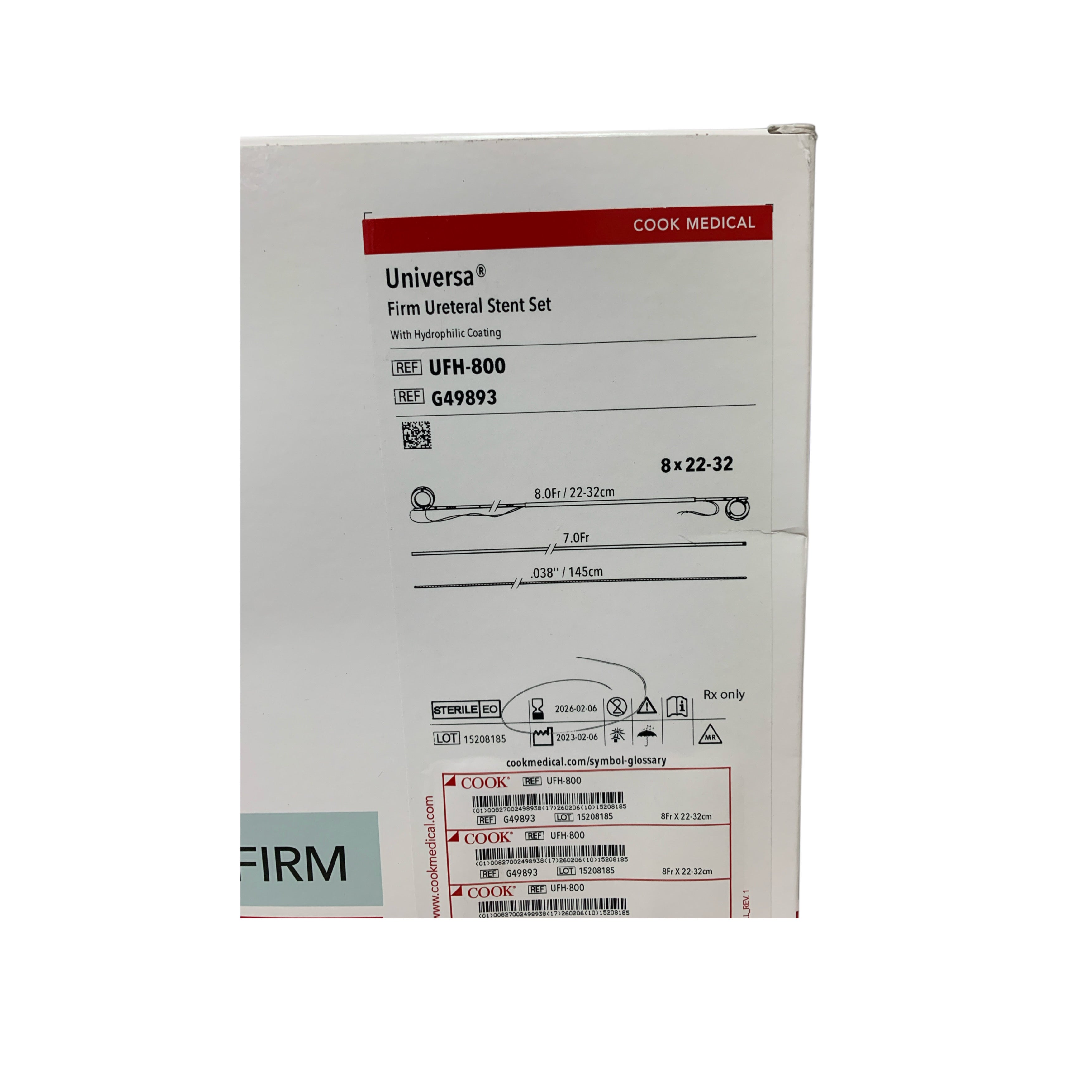 COOK MEDICAL UFH-800 / G49893 Universa Firm Ureteral Stent Set With Hydrophilic Coating 8Fr x 22-32cm Exp 2026/02